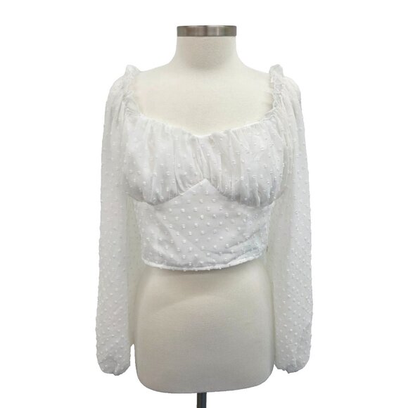 White Chiffon Swiss Dot Milkmaid Top Size L Lantern Sleeve Crop Ruched Bust - Picture 1 of 12